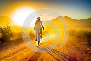 Rear view of a woman riding a bike. Bicyclist on the dirt road at sunset on summer day. Silhouettes of mountains at backdrop.