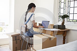 Rear View Of Woman Running Business From Home Dispatching Goods