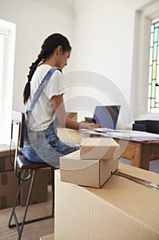 Rear View Of Woman Running Business From Home Dispatching Goods