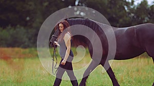 Rear view of woman stroking horse on field