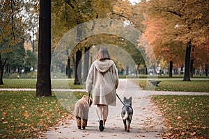 Rear view of a woman walking dog in a beautiful park in autumn