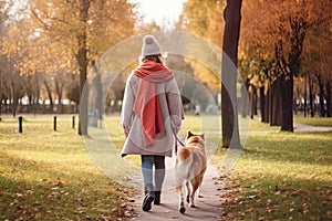 Rear view of a woman walking dog in a beautiful park in autumn