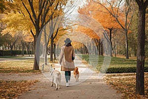 Rear view of a woman walking dog in a beautiful park in autumn