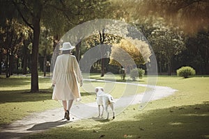 Rear view of a woman walking dog in a beautiful park in autumn