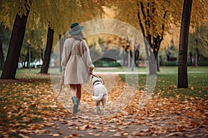 Rear view of a woman walking dog in a beautiful park in autumn