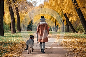 Rear view of a woman walking dog in a beautiful park in autumn