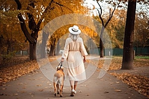 Rear view of a woman walking dog in a beautiful park in autumn