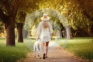 Rear view of a woman walking dog in a beautiful park in autumn