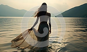 Rear view woman wearing long flowing beautiful dress in water, Moody melancholic