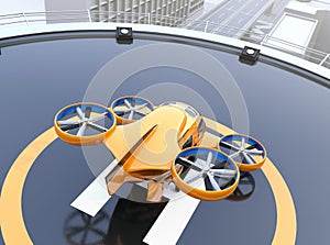 Rear view of yellow Passenger Drone Taxi on helipad