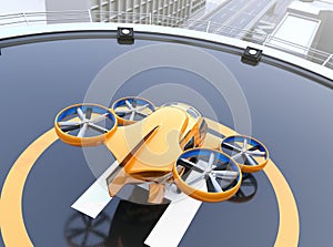 Rear view of yellow Passenger Drone Taxi on helipad photo