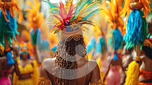 Rear view of a young African American woman in a colorful headdress with feathers
