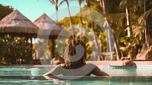 Rear view of young african american woman relaxing in swimming pool at tropical resort. Generative AI