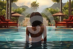 Rear view of a young African American woman sitting in a swimming pool, Rear view of young african american woman relaxing in