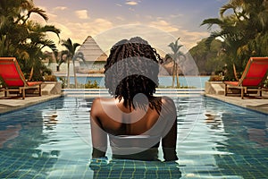 Rear view of a young African American woman in a swimming pool, Rear view of young african american woman relaxing in swimming