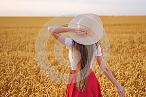 Rear view of young beautiful woman with long hair on background of wheat field. Natural beauty