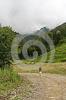 Rear view of young blonde woman with backpack walking uphill along trail on background of mountain covered with forest, active