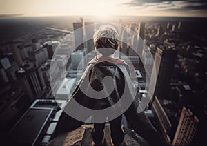 Rear view of young boy on top of skycraper dreaming of becoming a superhero. photo