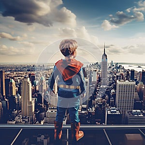 Rear view of young boy on top of skycraper dreaming of becoming a superhero. photo