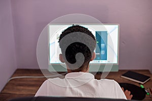 Rear view of young boy working on computer