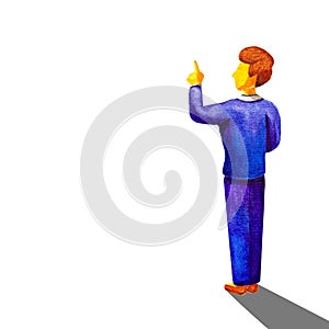 Rear view of young business man gesturing touch of finger at copy space isolated over white background. Full length portrait of