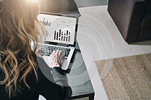 Rear view. Young businesswoman is sitting at table, working on laptop with graphs, charts, diagrams, schedules on screen