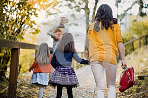 A rear view of young family with children walking in park in autumn.
