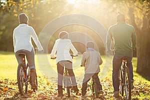 Rear view of a young family doing a bike ride