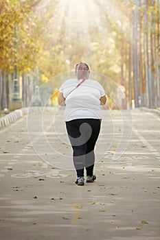 Rear view of young fat woman walking on the road
