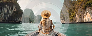 Rear view of young girl with hat and summer dres sitting on boat. copy space for text