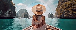 Rear view of young girl with hat and summer dres sitting on boat. copy space for text