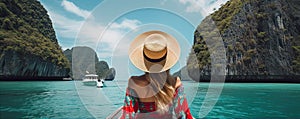 Rear view of young girl with hat and summer dres sitting on boat. copy space for text