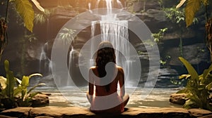 Rear view, Young girl yoga practice in a garden with waterfall background