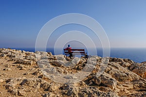 Rear view of young lady sitting on a bench looking out to sea photo