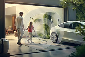 Rear view of a young man charging his electric car at a charging station, Electric vehicle charging station in private home with