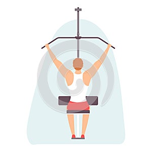Rear view of a young man doing exercise on a exercise machine. Torso day. Healthy lifestyle. Vector illustration in hand drawn