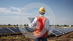 Rear View Young man engineer with red safety helmet holding a tablet and verifying the photovoltaic panels at the solar power