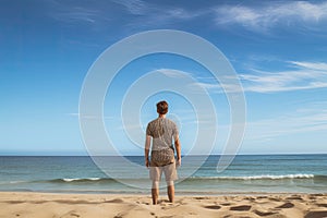 Rear view of young man standing on beach and looking at sea, Male tourist standing in front of a sandy beach and watching the sea