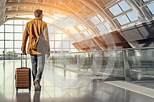 Rear view of a young man with a suitcase at the airport, Male tourist walking in an airport with luggage, top section cropped,