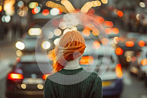 Rear view of young red hair woman standing in the middle of a busy street, while cars are moving past on both sides of her