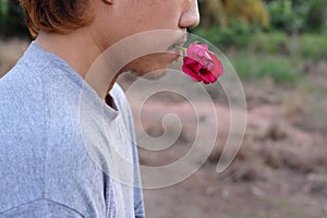 Rear view of young romantic man is holding a red rose in his mouth on nature blurred background. Love and romance Valentine`s day