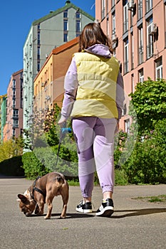 Rear view young townswoman walking a dog at city in sunny morning photo