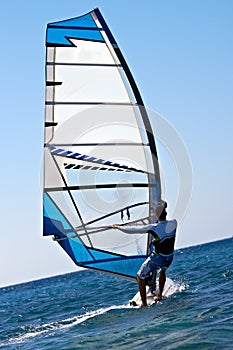 Rear view of young windsurfer