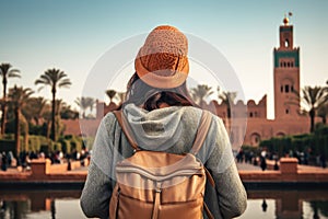 Rear view of a young woman with a backpack and a hat standing in front of the Koutoubia Mosque in Marrakesh, Morocco, rear view of