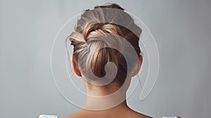 Rear view of young woman elegant bun hairstyle, grey background, copy space