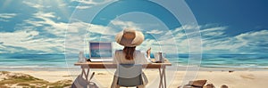Rear view of young woman, female freelancer in straw hat working on laptop, while sitting on the tropical sandy beach