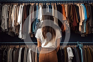 Rear view of young woman looking at clothes in wardrobe at home, A girl in loose fitting clothes is choosing clothes in a store,