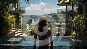 Rear view of young woman relaxing in swimming pool in luxury resort