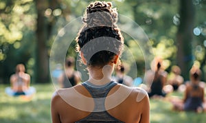 Rear view of a young woman in sportswear during yoga meditation in the park