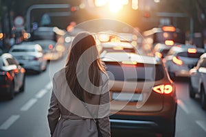 Rear view of a young woman walking among cars